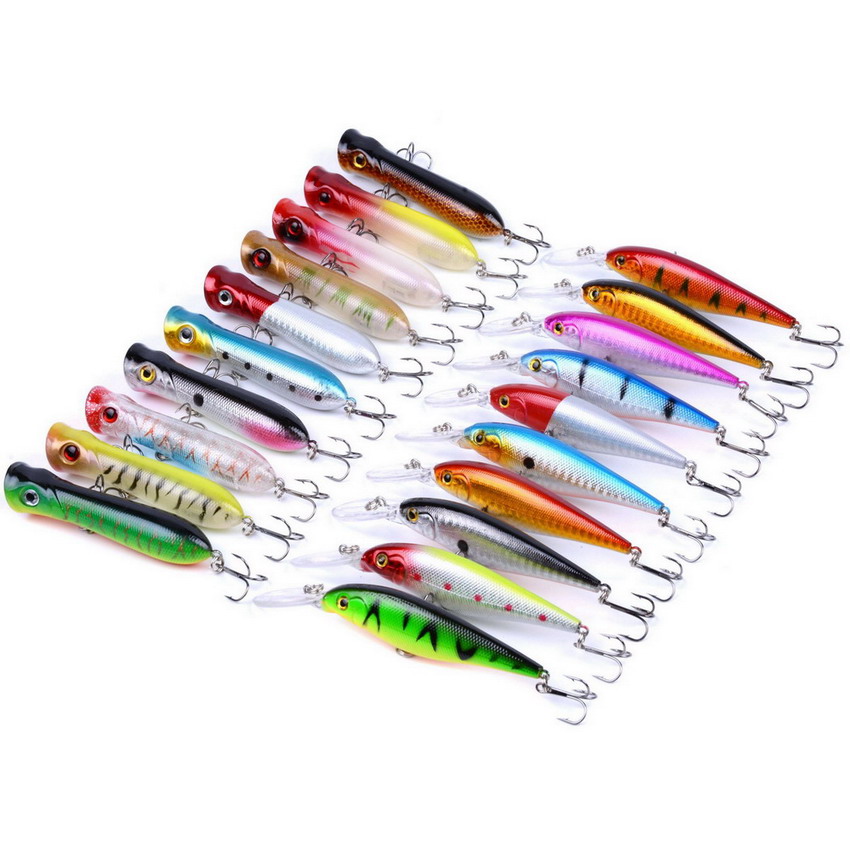 20pcs/set Minnow/Popper Lure Iscas Artificial Bait Fishing Kit Isca Artificial Lures Minnow Leurres Poppers Isca Wobblers