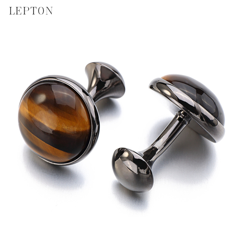 Low-key Luxury Tiger-eye Stone Cufflinks for Mens Gold Color Plated Lepton High Quality Brand Round Stone Cuff links Best Gift - Image 5