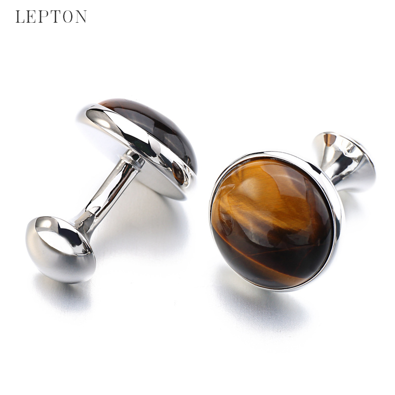 Low-key Luxury Tiger-eye Stone Cufflinks for Mens Gold Color Plated Lepton High Quality Brand Round Stone Cuff links Best Gift - Image 4