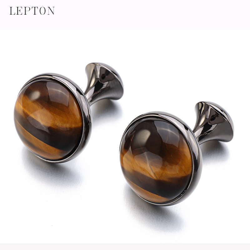 Low-key Luxury Tiger-eye Stone Cufflinks for Mens Gold Color Plated Lepton High Quality Brand Round Stone Cuff links Best Gift - Image 2