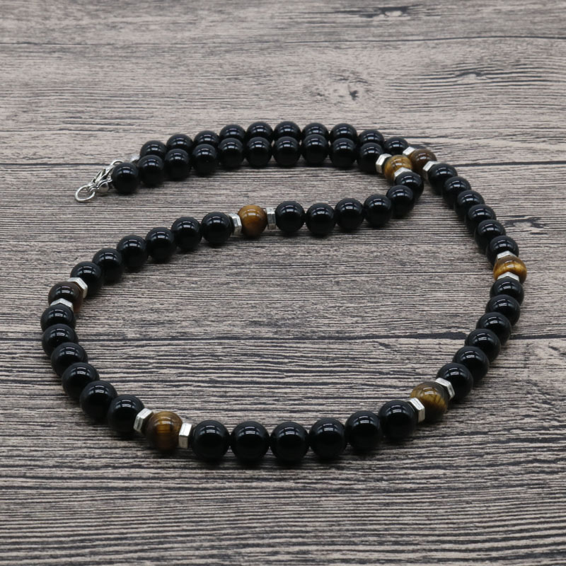 2018 Fashion Black Onyx and Tiger Eye Stone Men Beaded Necklace Natural Stone Necklace For Men AU-02