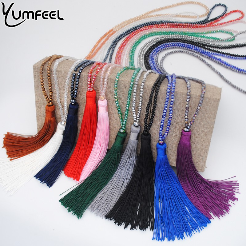 Yumfeel New Tassel Necklace 10 Colors Choice Silk Tassel Glass  Beads Crystal Necklaces 90cm Long Necklace Women Gifts Jewelry