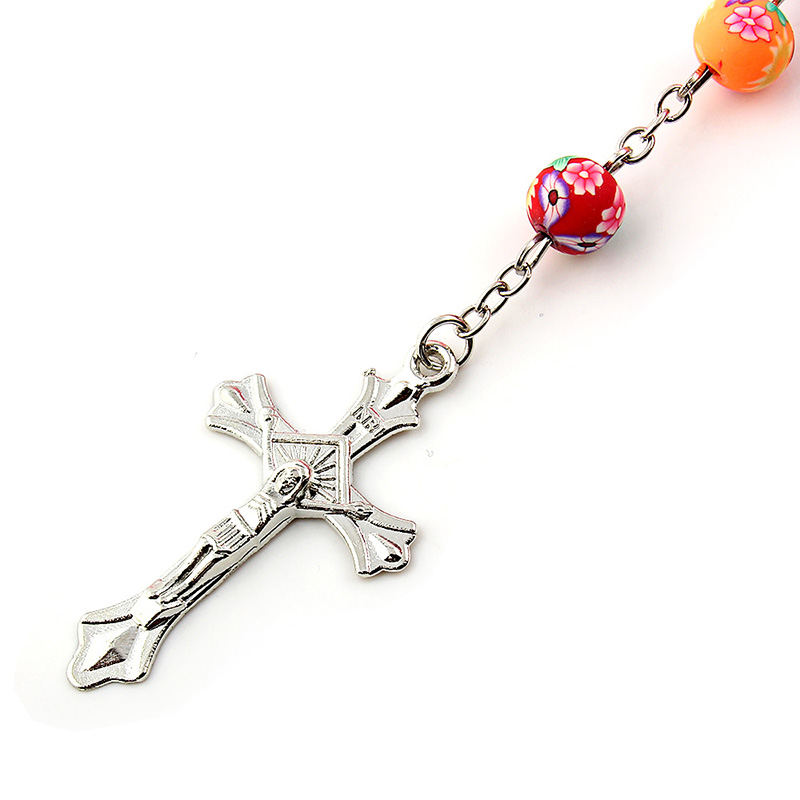 8mm Colorful Polymer Clay Bead Rosary Pendant Necklace Alloy Cross Virgin Mary Centrepieces Christian Catholic Religious Jewelry - Image 5
