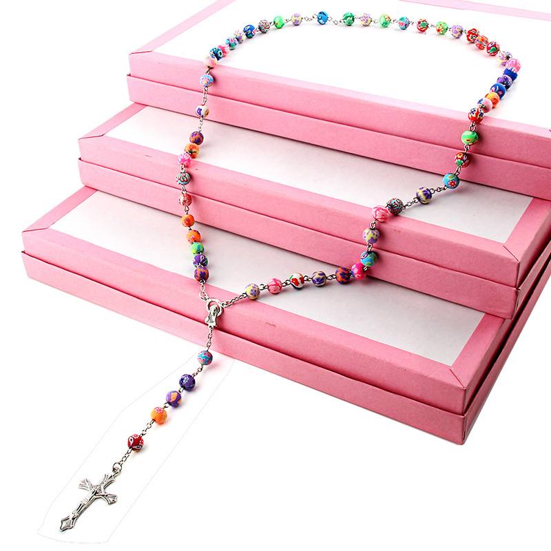 8mm Colorful Polymer Clay Bead Rosary Pendant Necklace Alloy Cross Virgin Mary Centrepieces Christian Catholic Religious Jewelry - Image 2