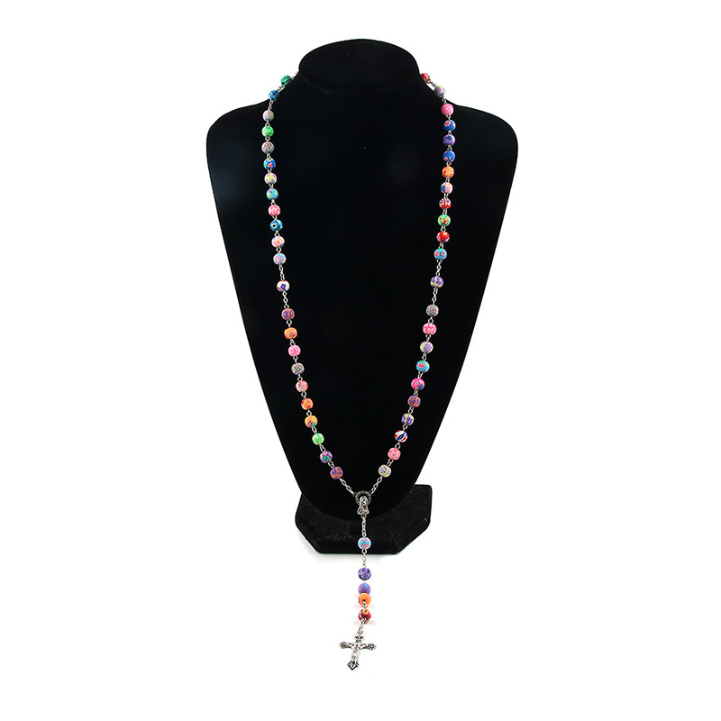 8mm Colorful Polymer Clay Bead Rosary Pendant Necklace Alloy Cross Virgin Mary Centrepieces Christian Catholic Religious Jewelry - Image 3