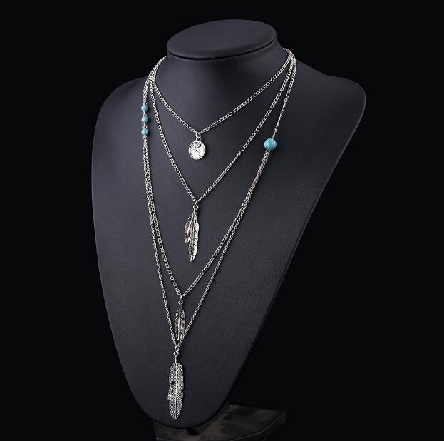 New Brand Fashion Boho Antique Silver Multilayer Feathers Bijoux Charm Necklaces Beads Maxi Necklace Jewelry N60 - Image 5