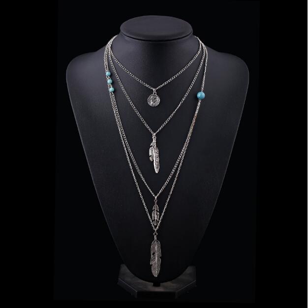 New Brand Fashion Boho Antique Silver Multilayer Feathers Bijoux Charm Necklaces Beads Maxi Necklace Jewelry N60 - Image 3