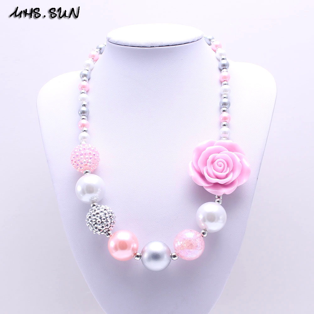 MHS.SUN Newest Design Grey+Pink Flower Kid Chunky Necklace Bubblegum Bead Baby Girl Chunky Necklace Jewelry For Toddler Children