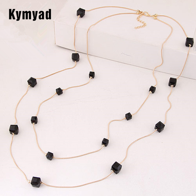 Kymyad Fashion Gold Color Chain Double layer Long Sweater Necklaces For Women Bijoux Cubic Crystal Beads Necklaces & Pendants