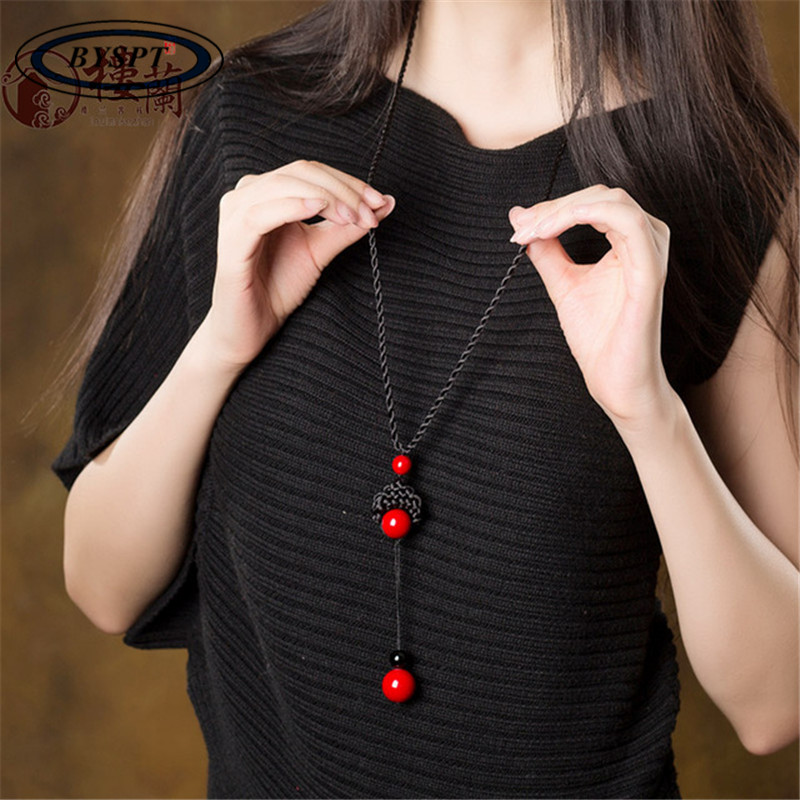 BYSPT Man-made Knotted  Red Stone Beads Stone Long Tassel Retro Ethnic Beaded Necklace Sweater Chains
