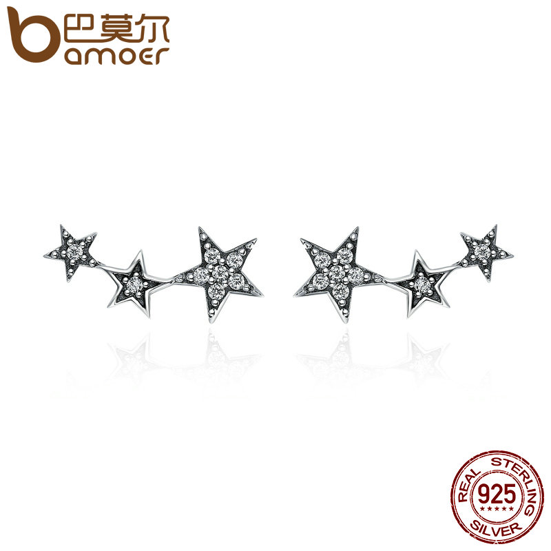 BAMOER Authentic 925 Sterling Silver Sparkling CZ Exquisite Stackable Star Stud Earrings for Women Fine Jewelry Gift SCE175