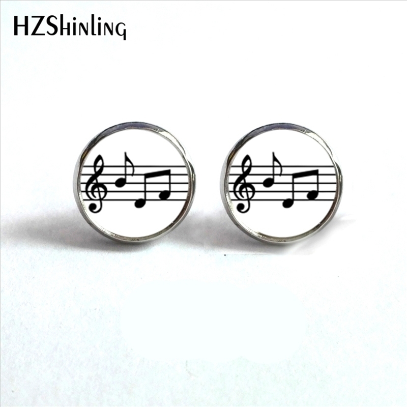 2017 New Arrival Music Notes Stud Earrings Handmade Glass Dome Round Jewelry Treble clef and Notes Earring Wholesale HZ4