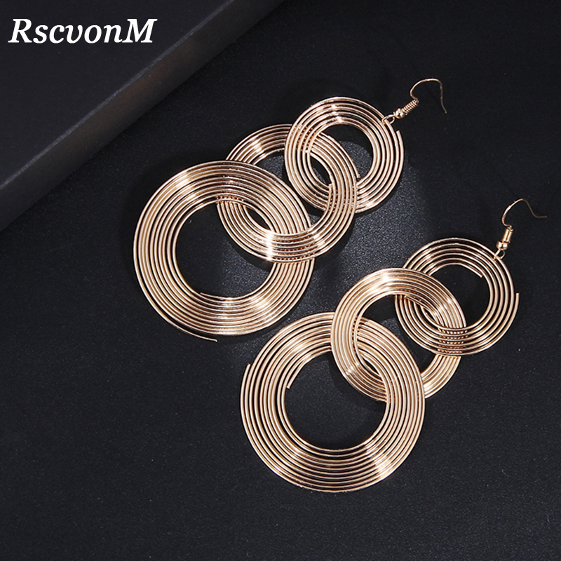 RscvonM Punk Gold Colour Big Geometric 3 Circle Metal Long Dangle Earrings For Women Bohemian Party Exaggerated Fashion Jewelry