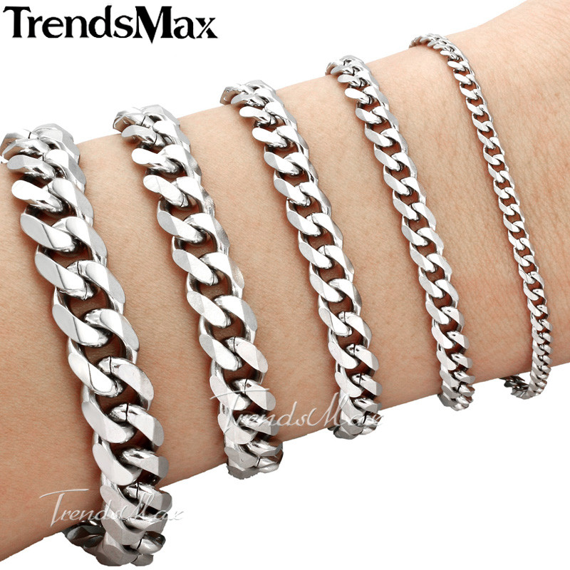 Trendsmax 18cm 20cm Womens Mens Bracelet Stainless Steel Jewelry Curb Cuban Link Chain Silver Color KBM03