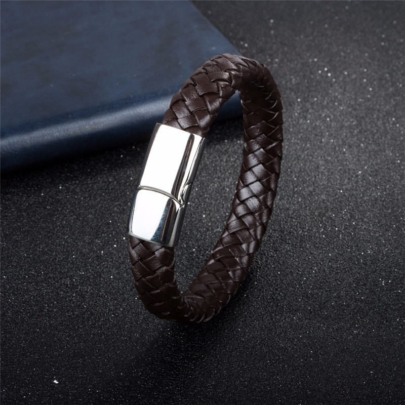 Jiayiqi Punk Men Jewelry Black/Brown Braided Leather Bracelet Stainless Steel Magnetic Clasp Fashion Bangles 18.5/22/20.5cm - Image 4