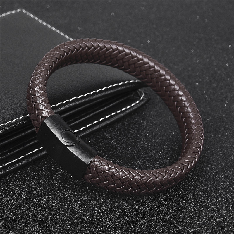 Jiayiqi Punk Men Jewelry Black/Brown Braided Leather Bracelet Stainless Steel Magnetic Clasp Fashion Bangles 18.5/22/20.5cm - Image 3