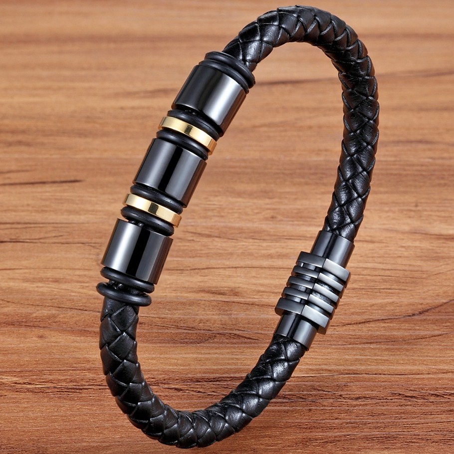 TYO 6mm Genuine Leather Cool Black Gold Creative Design Stainless Steel Magnetic Buckle Charm Men Leather Bracelet Size 19/21/23
