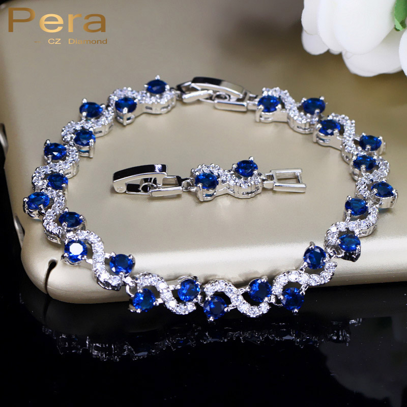 Pera 5 Color Options Fashion Ladies Sterling Silver Cubic Zirconia Royal Blue Stone Bracelets Jewelry For Christmas Gift B017