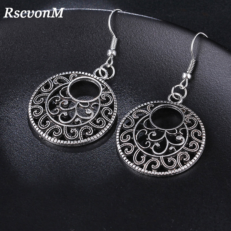 RscvonM New Boho Vintage Tibetan Silver Round Ear Hook Tribal Earrings Retro Big Flower Long Hanging Earrings Statement Jewelry