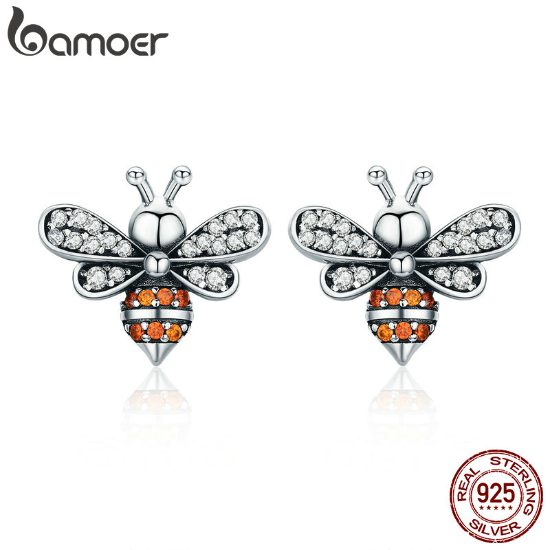 BAMOER High Quality 100% 925 Sterling Silver Bee Story Clear CZ Exquisite Stud Earrings for Women Fashion Silver Jewelry SCE344