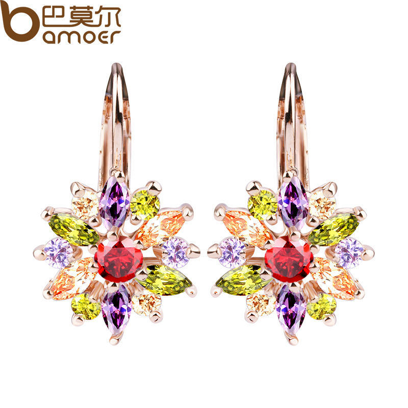 BAMOER 3 Colors Luxury Gold Color Flower Stud Earrings with Zircon Stone Women Birthday Gift Bijouterie JIE014 - Image 2