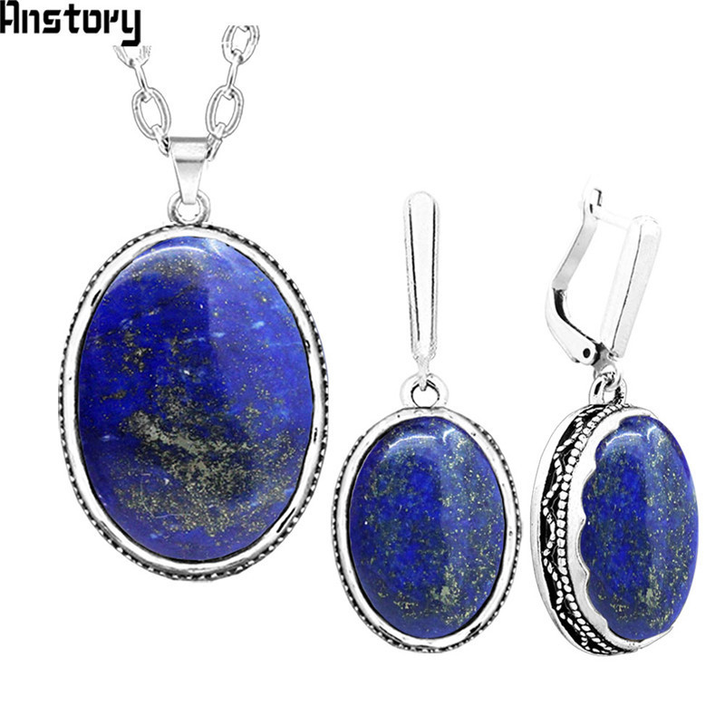 Oval Natural Lapis Lazuli Jewelry Set Necklace Earrings For Women Antique Silver Plated Stainless Steel Chain Wedding Party Gift