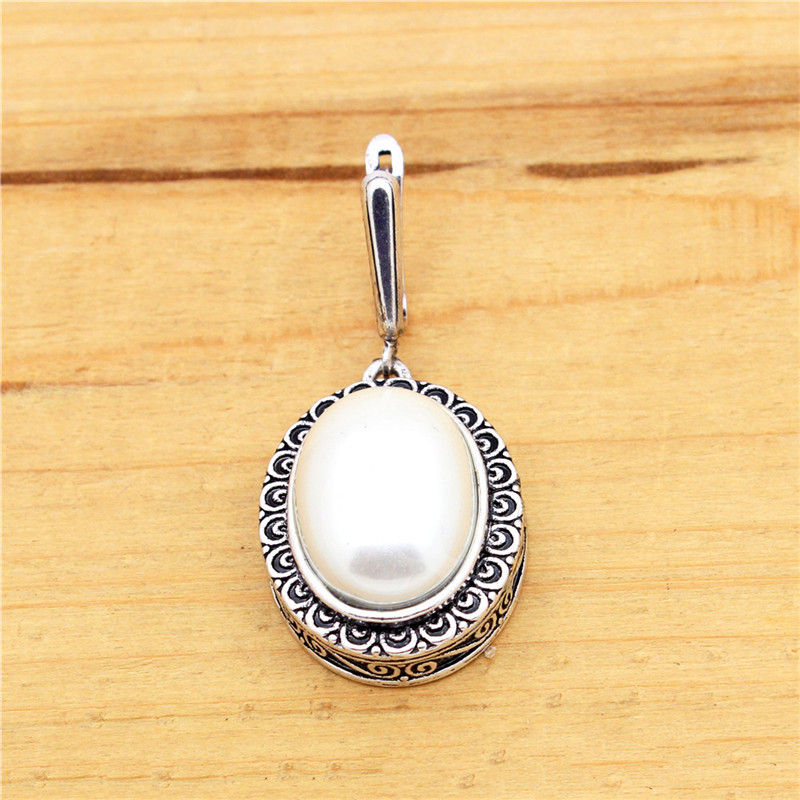 Big Oval Pearl Earrings For Women Vintage Antique Silver Plated Flower Pendant Fashion Jewelry - Image 3