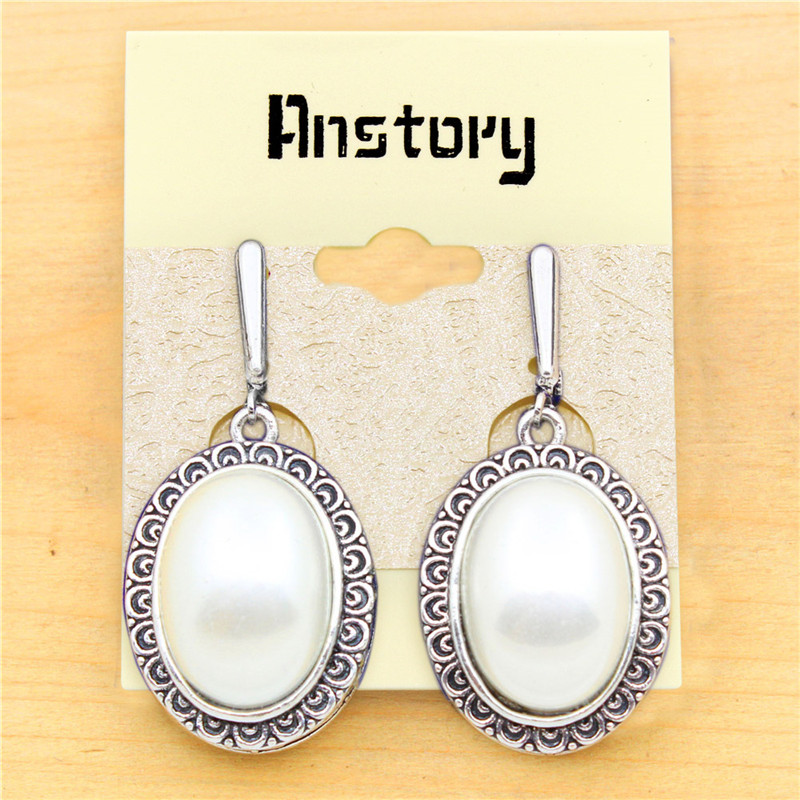 Big Oval Pearl Earrings For Women Vintage Antique Silver Plated Flower Pendant Fashion Jewelry - Image 2