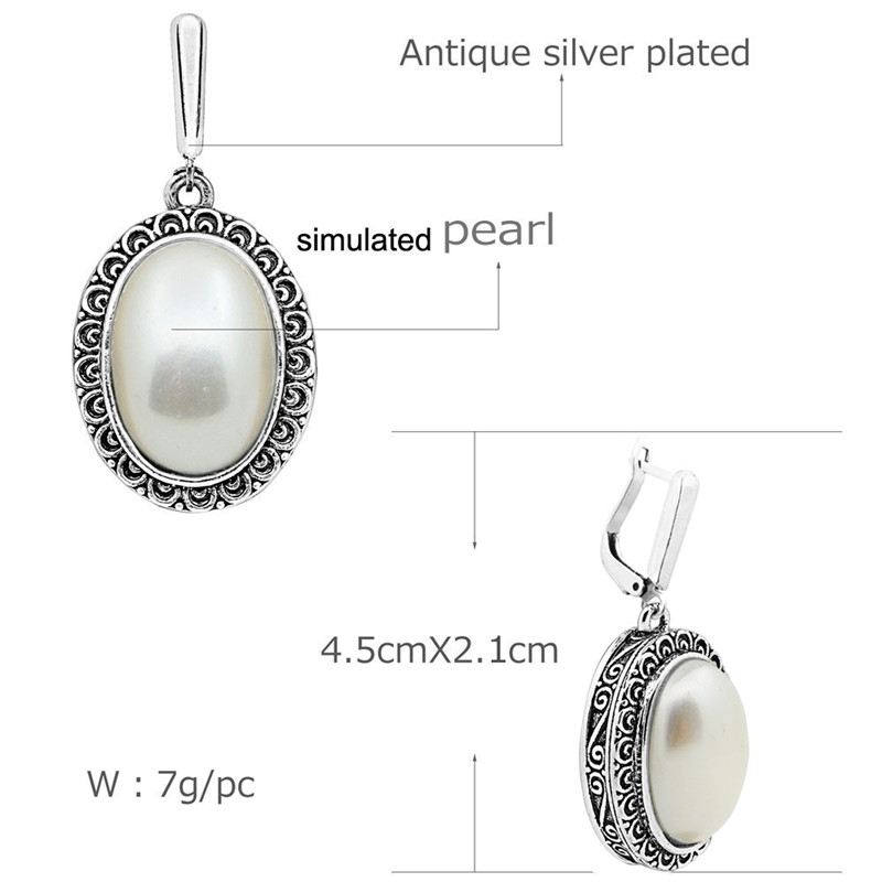 Big Oval Pearl Earrings For Women Vintage Antique Silver Plated Flower Pendant Fashion Jewelry - Image 6