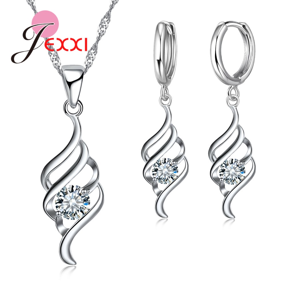 JEXXI New Stylish Crystal Spiral Jewelry Female Chain Pendants Necklace+Earrings Jewelry Set Women 925 Stering Silver Sets