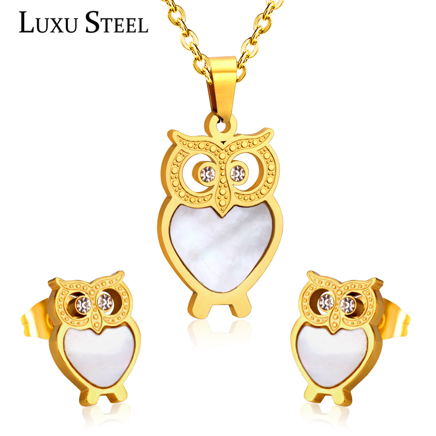 LUXUSTEEL Women Jewelry Sets Stainless Steel Gold Color Authentic Shell Lovely Owl Pendant Necklace Earring For Women Girl