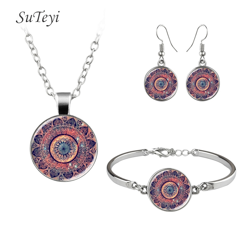 SUTEYI 2017 Trendy Print Art Picture Glass Necklace Adjustable Bracelet Mandala Hooks Earrings Buddhist Necklaces Jewelry Sets - Image 2