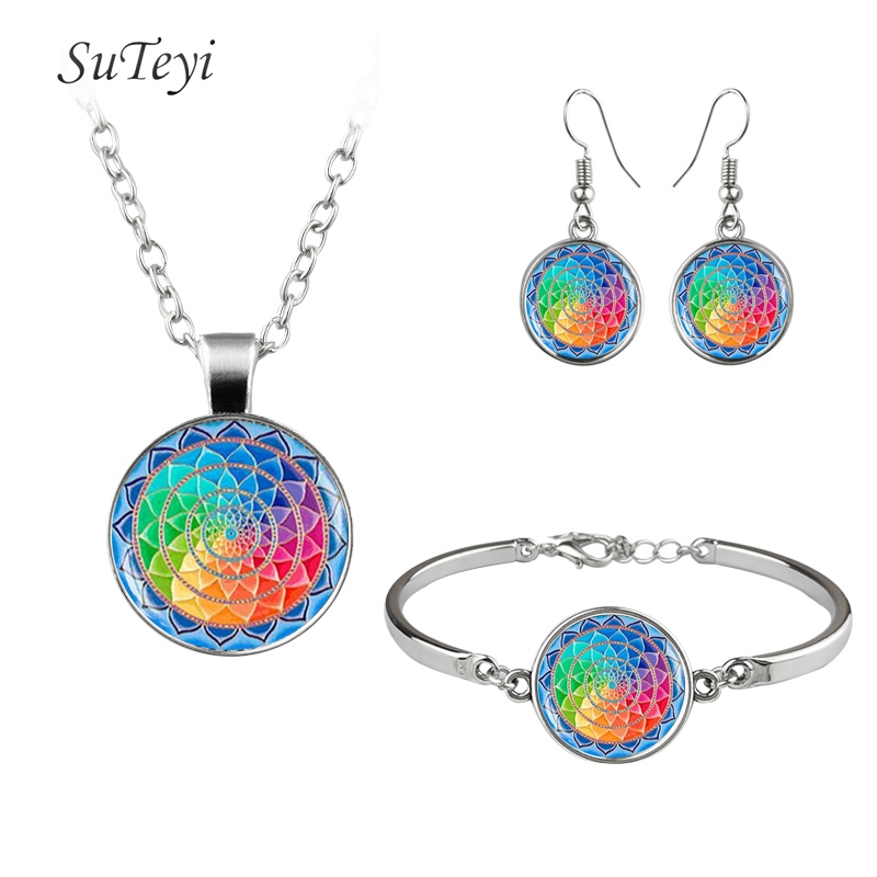 SUTEYI 2017 Trendy Print Art Picture Glass Necklace Adjustable Bracelet Mandala Hooks Earrings Buddhist Necklaces Jewelry Sets - Image 4