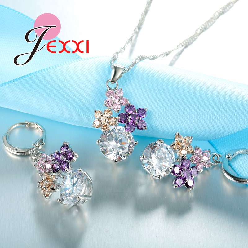 JEXXI Tassel Multicolor Flower Clear Crystal Stone Necklace Earrings Set Women Elegant Birthday Party Jewelry Free Shipping - Image 3