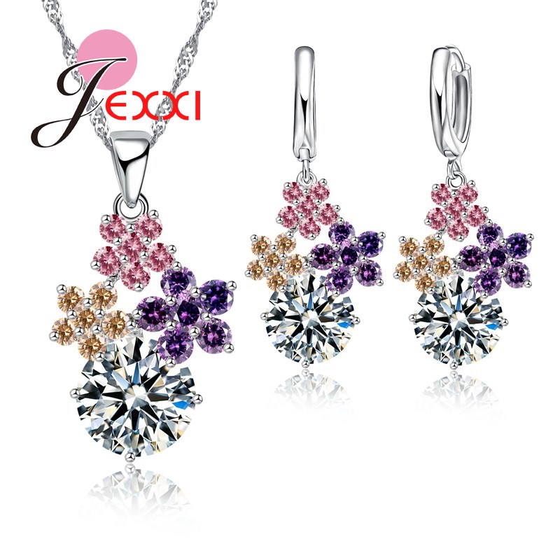 JEXXI Tassel Multicolor Flower Clear Crystal Stone Necklace Earrings Set Women Elegant Birthday Party Jewelry Free Shipping