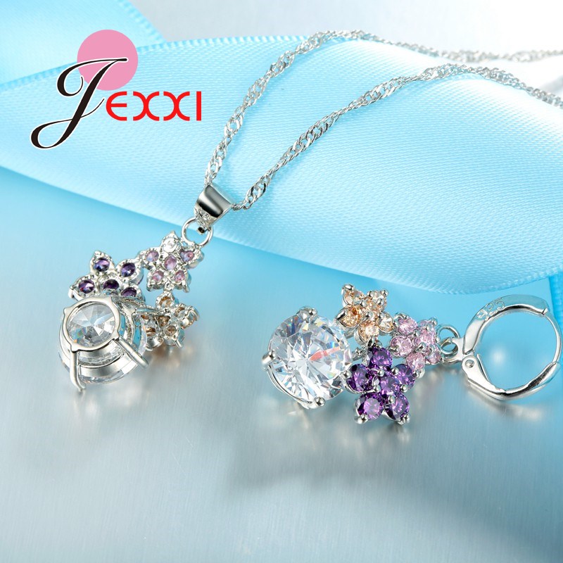 JEXXI Tassel Multicolor Flower Clear Crystal Stone Necklace Earrings Set Women Elegant Birthday Party Jewelry Free Shipping - Image 4