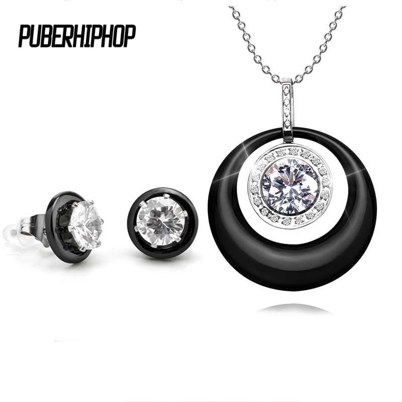 New Ceramic Round Stud Earring Earring & Necklace With AAA CZ Fashion Black White Crystal Earrings for Women Nickel Free Fashion