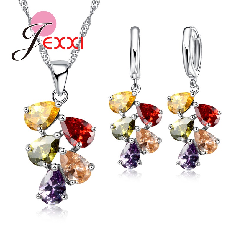 JEXXI Wedding Engagement Jewelry Sets Women Hot Selling 925 Sterling Silver Water Drop CZ Crystal Pendant Necklace Earrings Sets