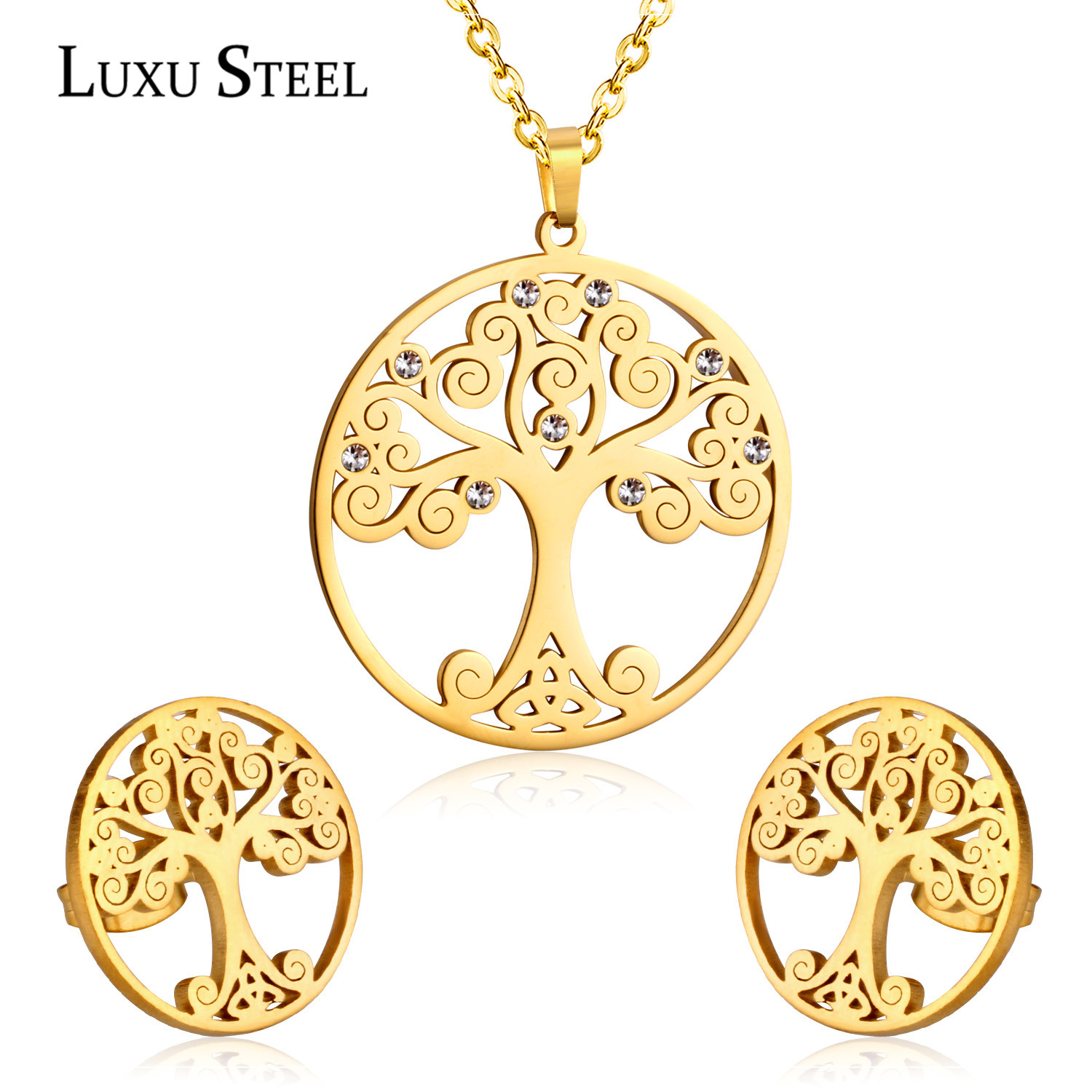 LUXUSTEEL Delicate Jewelry Sets Gold Color Tree Pendant Necklace Earring anti-allergy  Necklace For Women Accessories