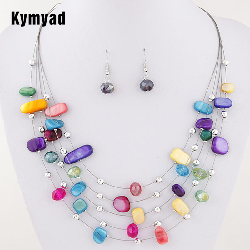 Kymyad Fashion Vintage Jewelry Sets Joker Bohemian Crystal Multilayer Colorful Beads Stone Statement Necklace Earrings Set