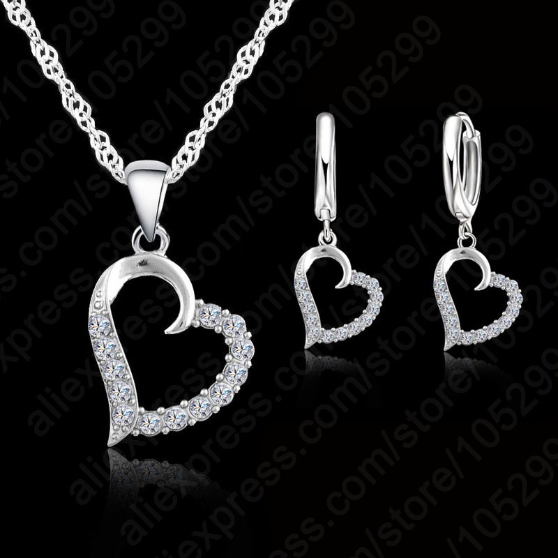 JEXXI Classic Cubic Zircon Heart Pendant Jewelry Set 925 Sterling Silver Necklace/Earring Women Wedding Sets
