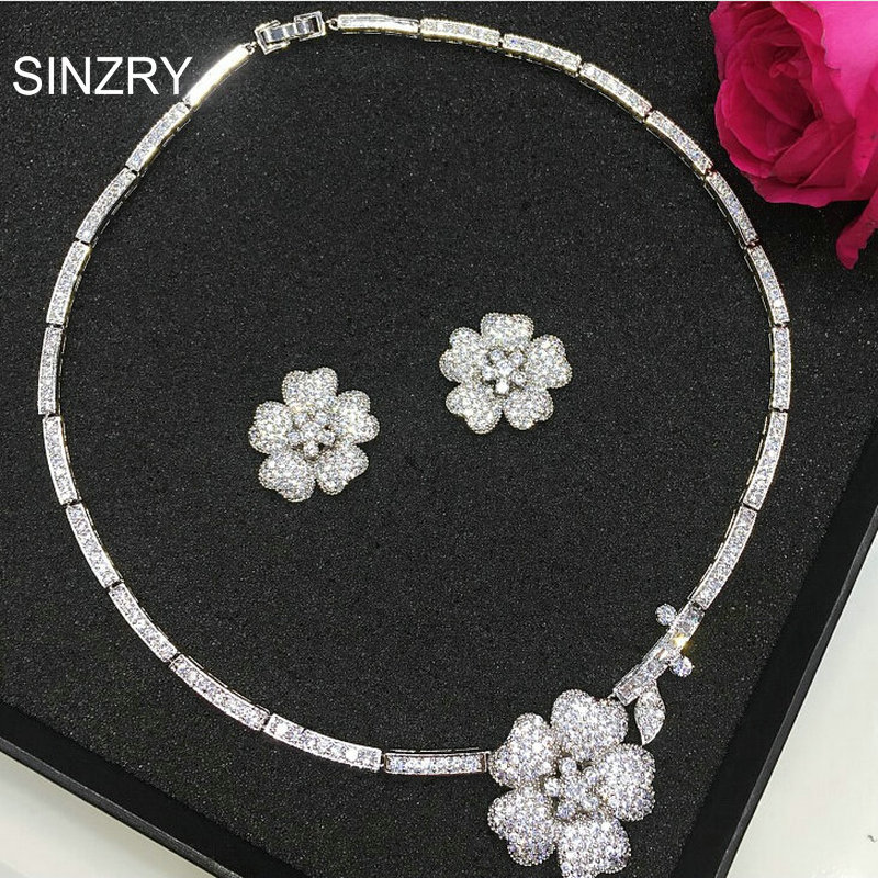 SINZRY Luxury bridal jewelry set white cubic zircon  flower chokers necklace earring wedding jewelry sets
