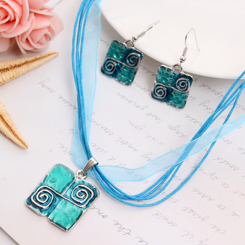 ZOSHI Blue Enamel Jewelry Set For Women Square Design Wedding Jewelry Multilayers Leather Short Rope Necklace Earrings Set - Image 2
