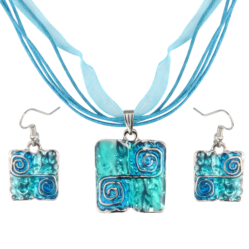 ZOSHI Blue Enamel Jewelry Set For Women Square Design Wedding Jewelry Multilayers Leather Short Rope Necklace Earrings Set
