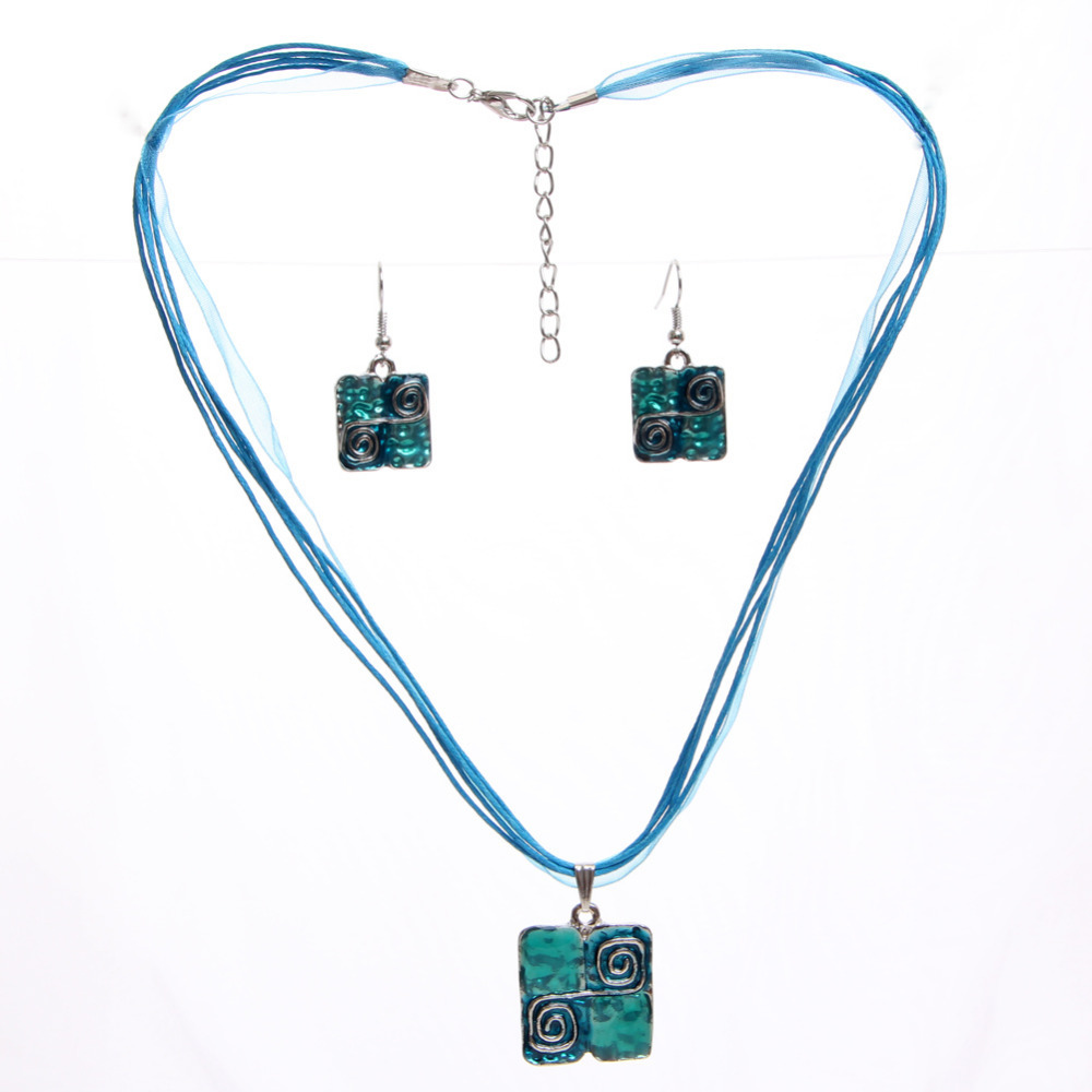ZOSHI Blue Enamel Jewelry Set For Women Square Design Wedding Jewelry Multilayers Leather Short Rope Necklace Earrings Set - Image 3