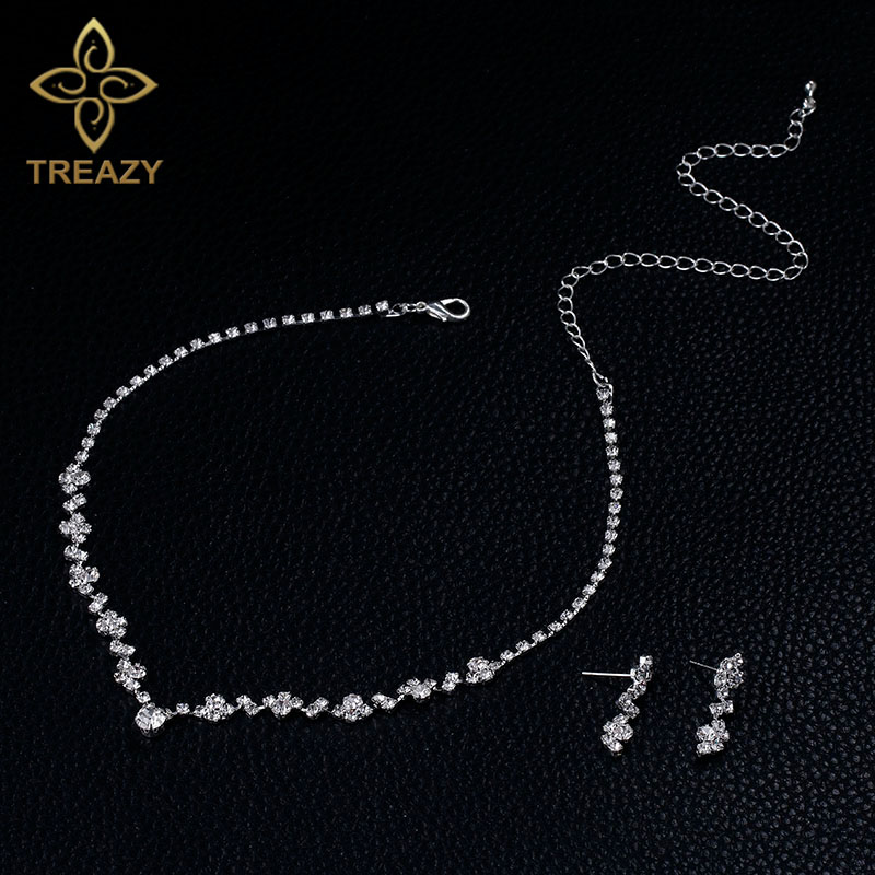 TREAZY New Silver Plated Crystal Choker Necklace Earrings Set Wedding Bridal Bridesmaid African Jewelry Sets - Image 3