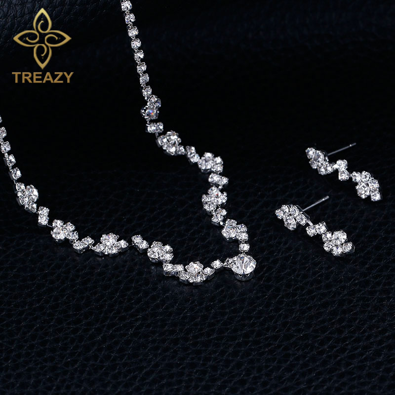TREAZY New Silver Plated Crystal Choker Necklace Earrings Set Wedding Bridal Bridesmaid African Jewelry Sets - Image 6