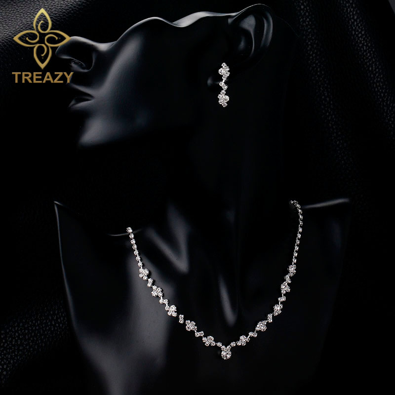 TREAZY New Silver Plated Crystal Choker Necklace Earrings Set Wedding Bridal Bridesmaid African Jewelry Sets - Image 2