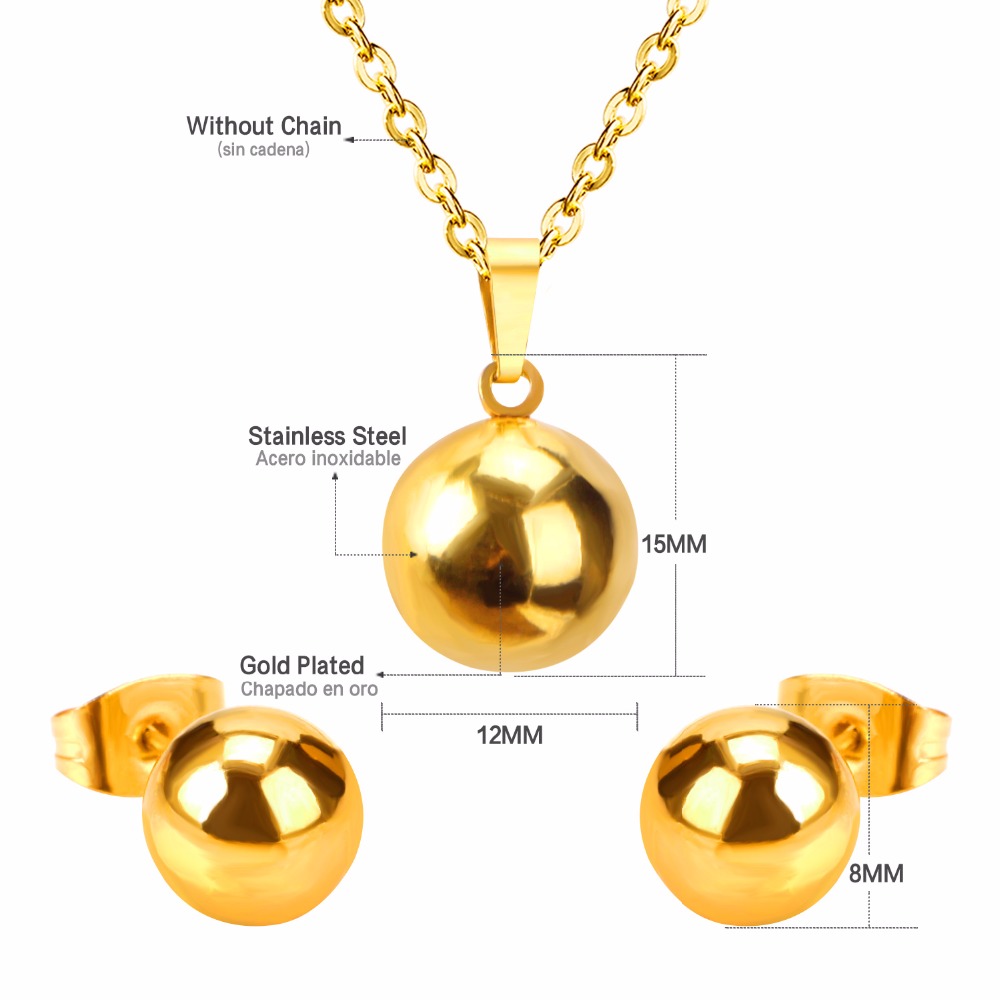 LUXUSTEEL Shiny Ball Earrings With Necklace Pendant Women Jewelry Sets For OL , Gold / Silver / Rose Color With Free Chain - Image 2