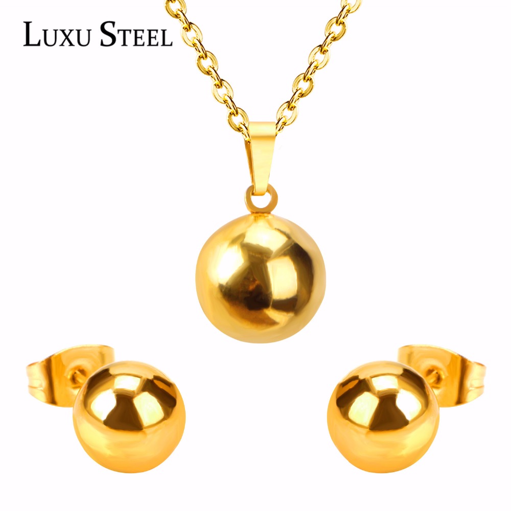 LUXUSTEEL Shiny Ball Earrings  With Necklace  Pendant Women Jewelry Sets For OL , Gold  / Silver / Rose Color With Free Chain